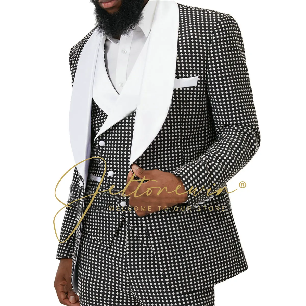 

Wedding Suits For Men 3 Pieces Costume Homme Black Dot Floral Slim Fit Groom Elegant Tuxedos Male Prom Blazer Terno Masculino