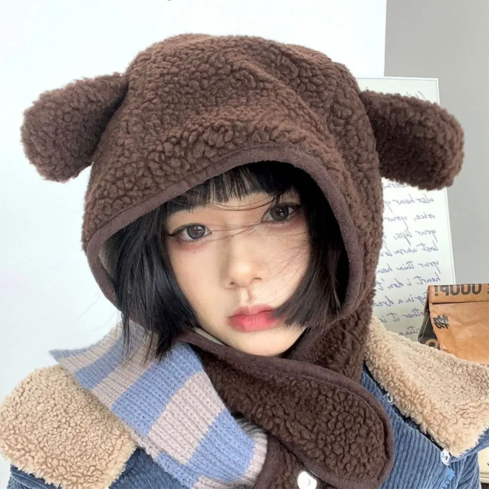 Fashion Polar Fleece Winter Beanies Caps Neck Warmer Winter Beanie Hat Scarf Bear Ears Windproof Scarf Set Hooded Autumn Winter