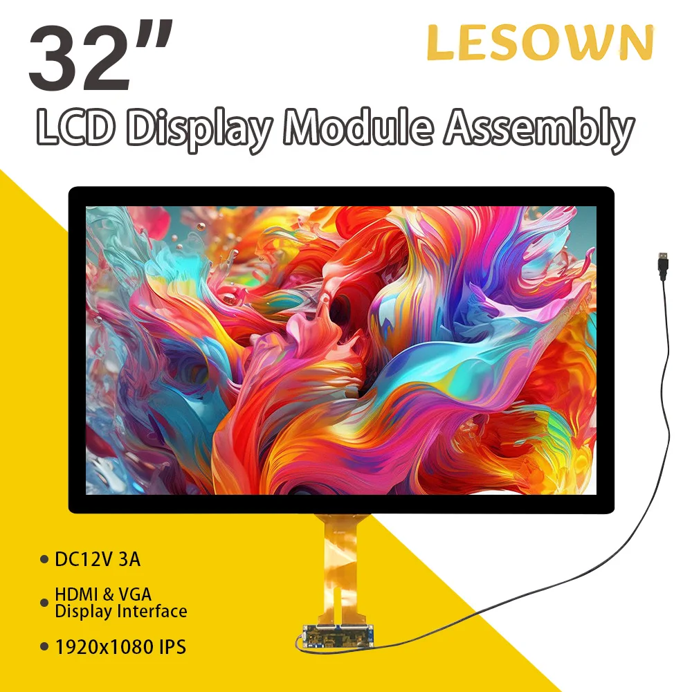 LESOWN 32 inch LCD Panel 1920x1080 IPS Full High Definition Touch Screen LVDS HMDI VGA DC12V 3A Display Module with Driver Board