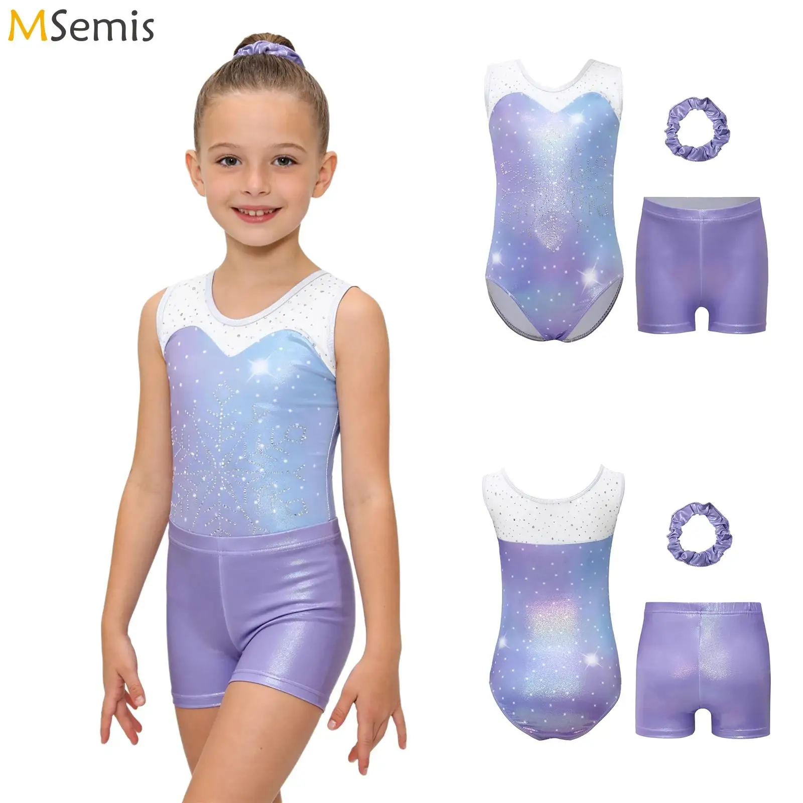 

Kids Girls Shiny Sequin Rhinestone Snowflake Gymnastics Ballet Dance Outfits Mesh Metallic Leotard with Shots And Hairband