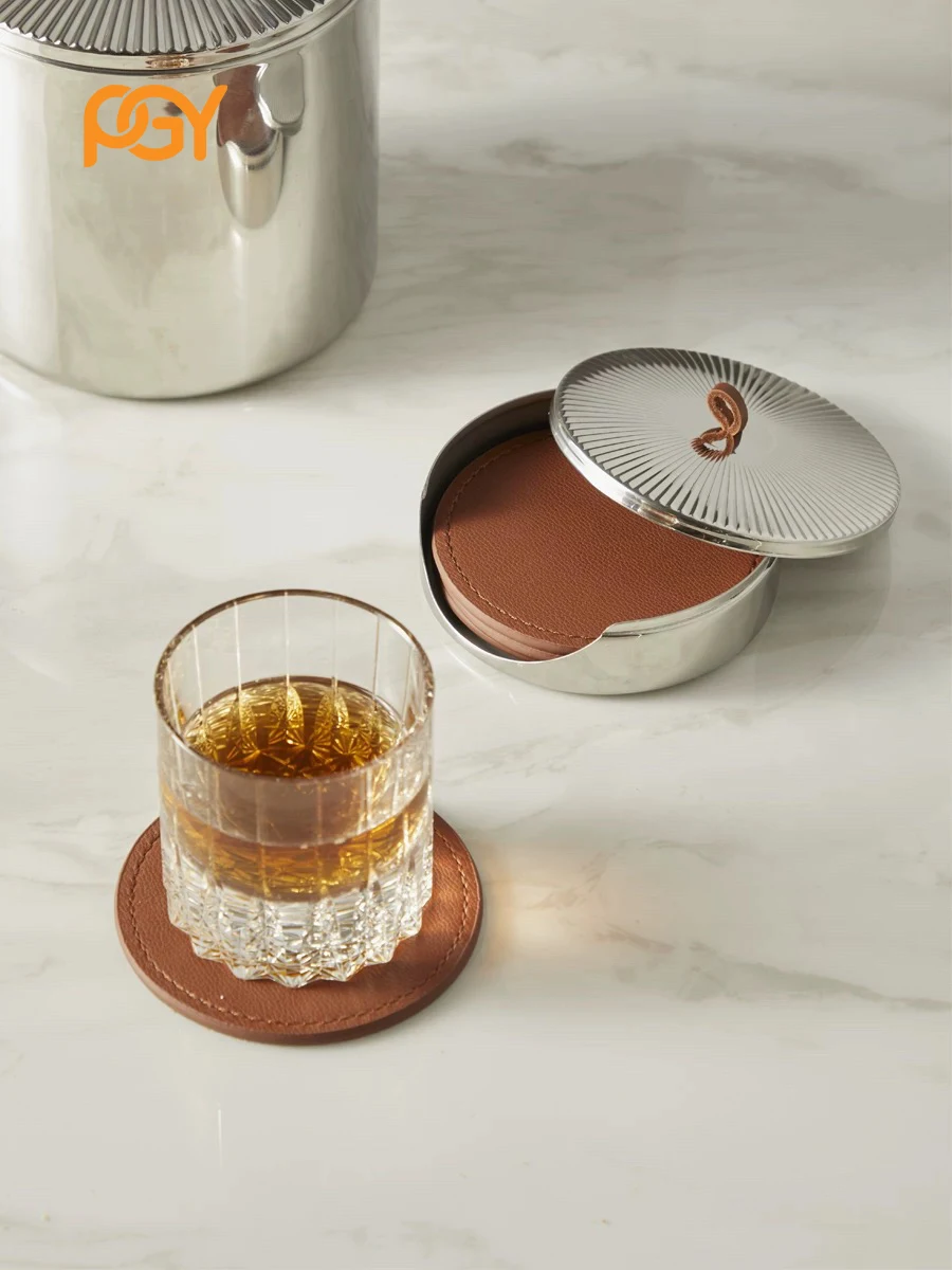 4PCS Luxury Leather Coasters with Stainless Steel Container, Premium Drink Mats for Home Decor, Bar, Office