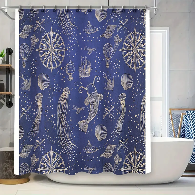 

Ocean Nautical Shower Curtain Vintage Sea Life Decor Bathroom Set Waterproof Coastal Blue