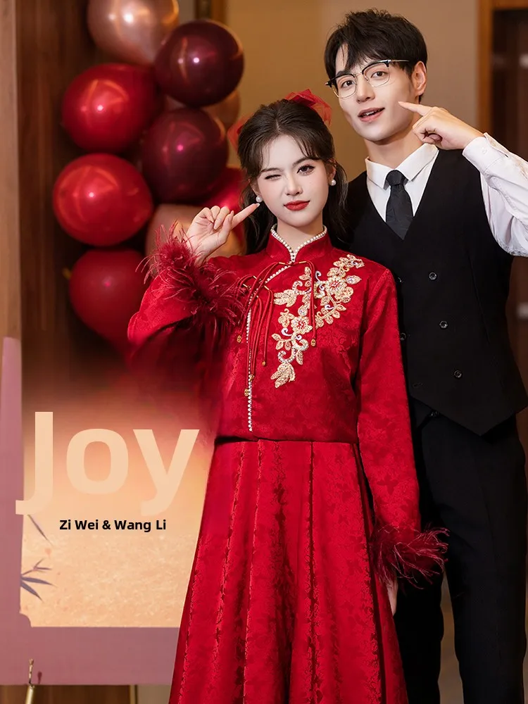 

Красный свадебный комплект из двух предметов: новый китайский пальто-фрак для осени и зимы, утепленный флисом