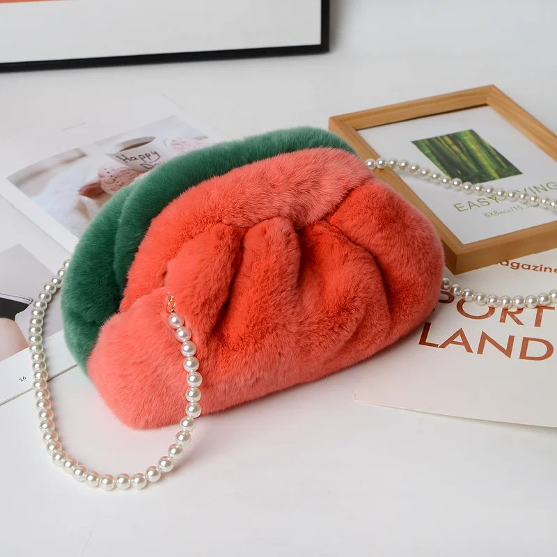 Bolso de mano de piel de conejo para mujer, bolsa de hombro informal, a la moda, 2022