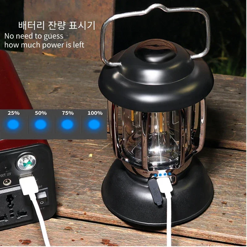 Long-lasting rechargeable outdoor camping lantern with a vintage handheld lantern design and 3 lighting mode for tent decoration