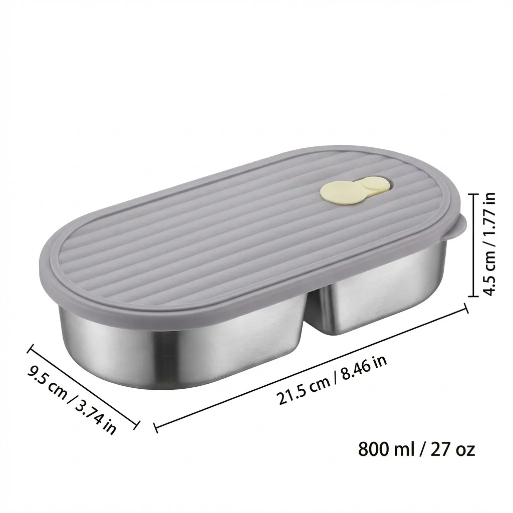 800ml 2-delige draagbare bento lunchbox voor kinderen en studenten, duurzaam, magnetronbestendig, 304 roestvrij staal, verdeeld fruit- en voedselcontainer