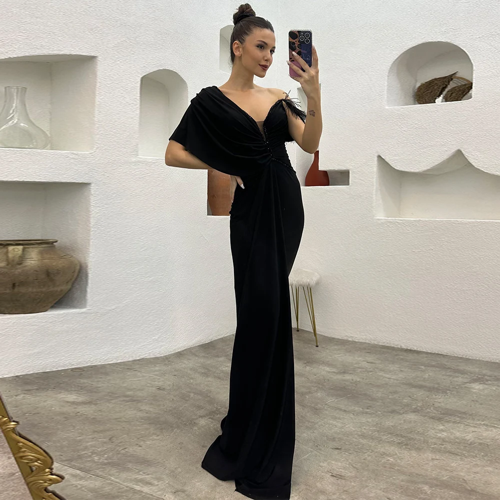 

Black Chiffon Mermaid Evening Dresses for Women 2023 New Floor Length Sweetheart One Shoulder Feathers Beading فساتين السهرة