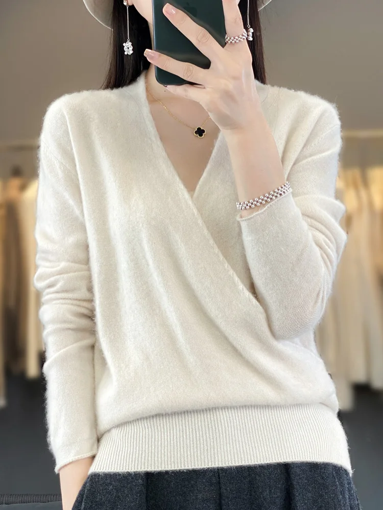 New Spring Summer 100% Pure Wool Sweater For Women V-neck Long Sleeved Criss-Cross Solid Color Pullover Higt-Quality Clothing