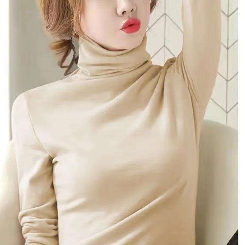 

Women's Autumn and Winter New Fashion Elegant Solid Color High Neck Casual Versatile Long Sleeved Slim Fit Plush T-shirt Tops