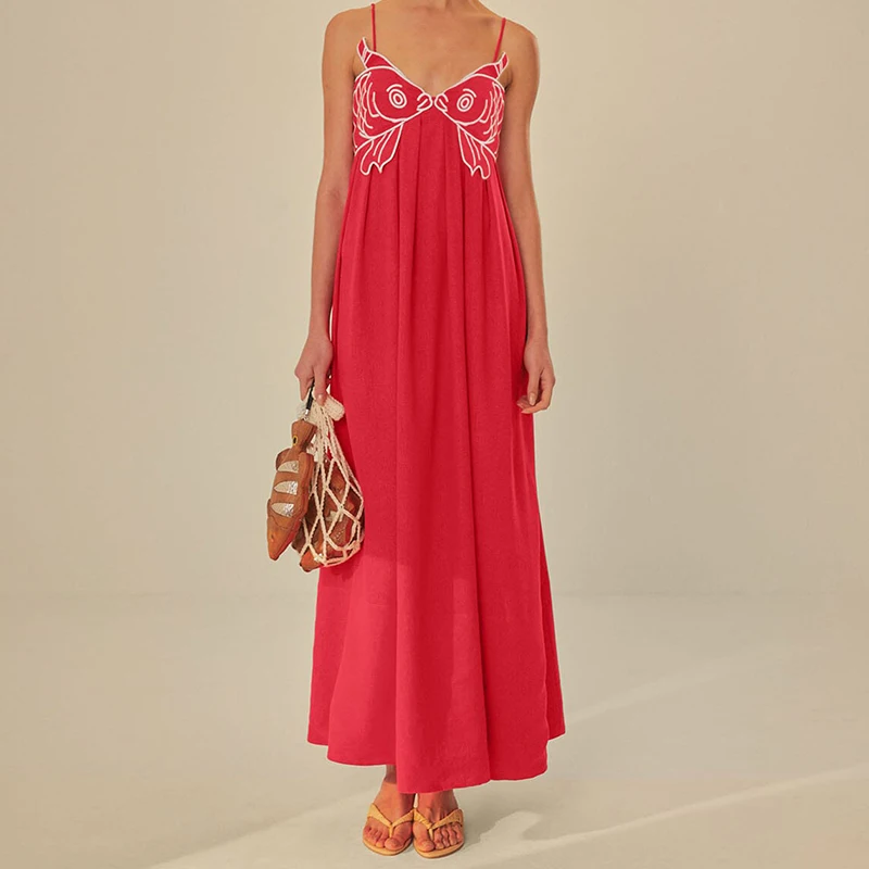 여성 잉어 롱 캐미 드레스 Y2k 자수 스파게티 스트랩 플로위 맥시 드레스 여름 휴가 비치 V넥 백리스 선드레스