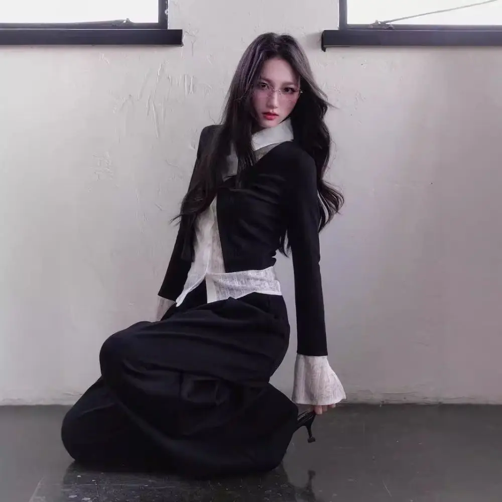 

Приталенный ложный топ из двух предметов с откидным воротником, милые кружевные рубашки, трикотажные кардиганы, лоскутный вязаный топ, женский стиль для пикантных девушек