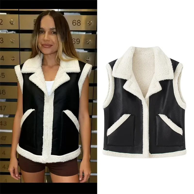 

Женский жилет, осень 2023, новый стиль, черный жилет без рукавов из искусственной кожи и флиса в стиле пэчворк, повседневный модный индивидуальный теплый жилет