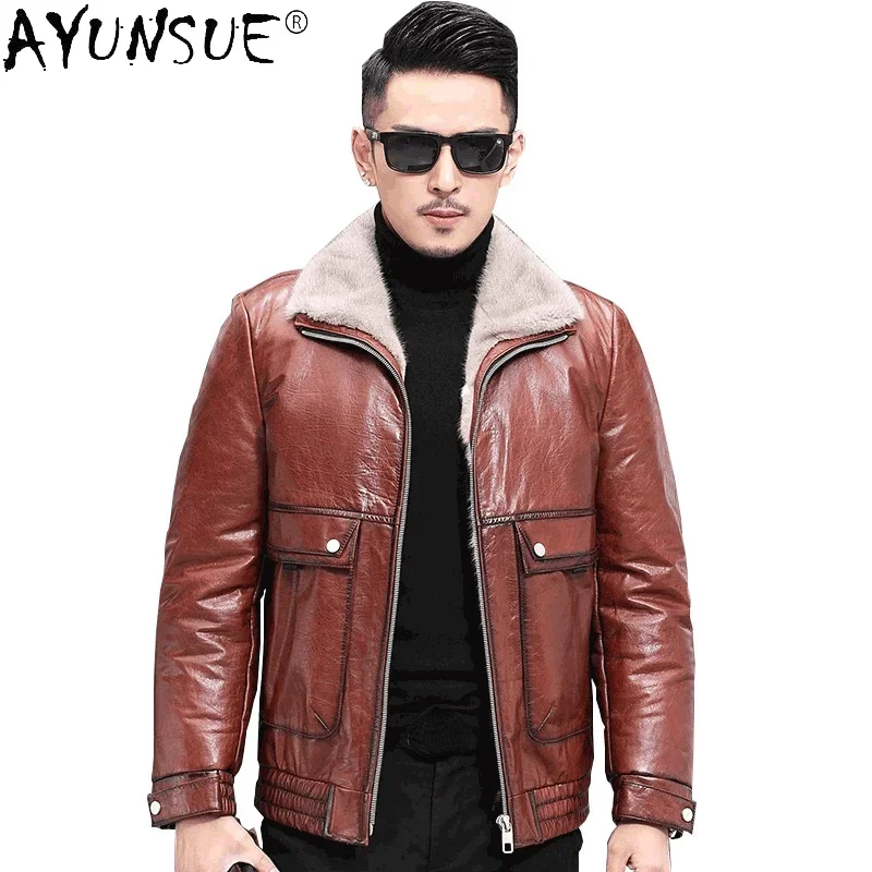 

AYUNSUE 2021 100% Genuine Cowhide Leather Jacket Men Real Grey Mink Fur Collar Black Parkas Men's Winter Jackets Jaquetas Gmm6