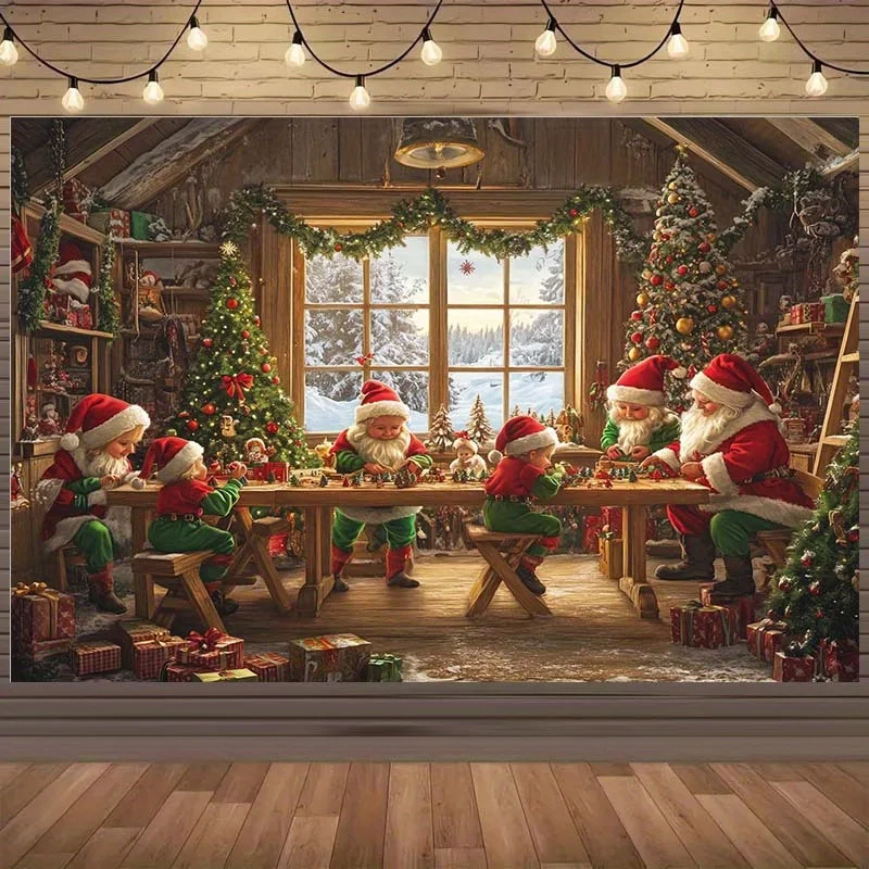 

1 Christmas workshop scene background cloth - Santa Claus, elves, small trees and gift box decorations, durable polyester