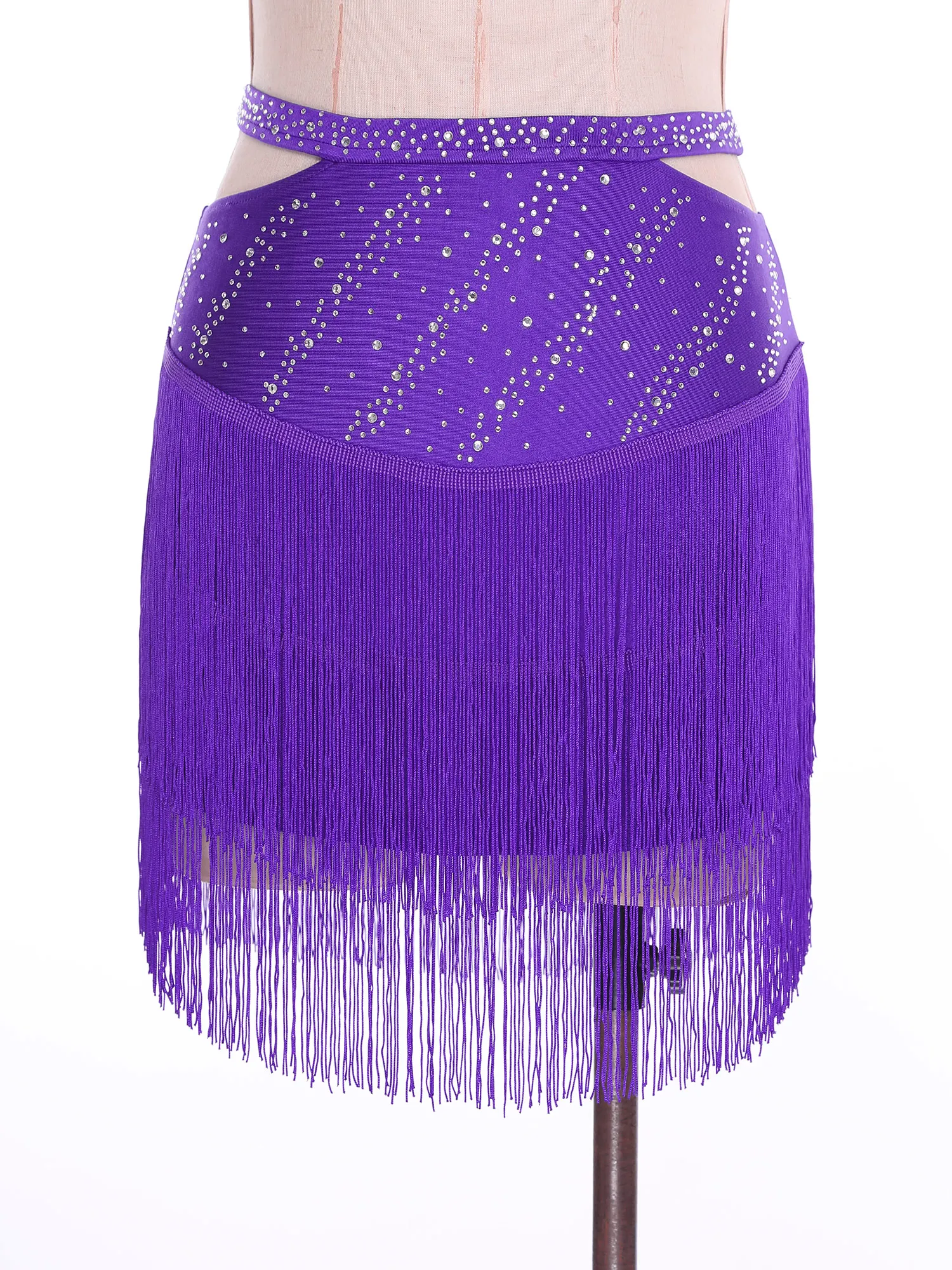 Damska spódnica do tańca latynoamerykańskiego Salsa Cha-Cha z wycięciami, elastycznym pasem, błyszczącymi dżetami i frędzlami, strój do tańca towarzyskiego.