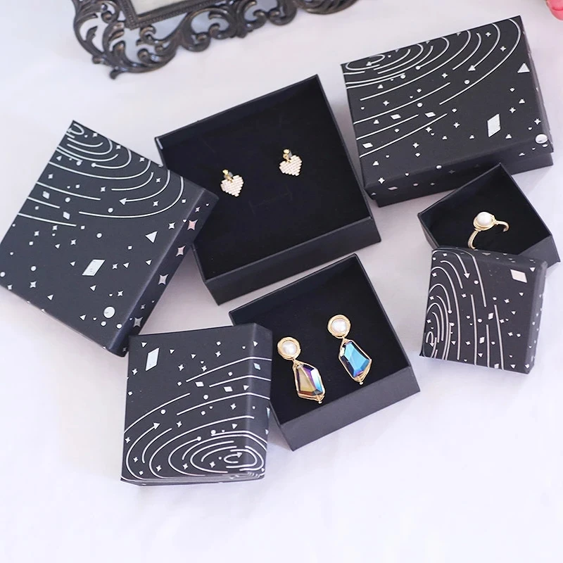 

24pcs Black Kraft Jewelry Display Boxes for Necklace/Ring/Bracelet Gift Packaging Print Silver Stars Paper Boxes Christmas Gift