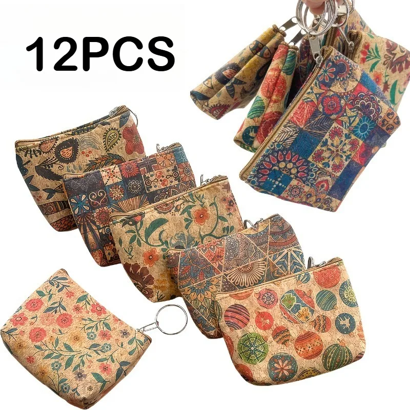 12pcs Bohemian Cork Mini Wallets for Women Coin Purses with Snap Closure Multi-Functional Coin Holder for Earphones Jewelry Card