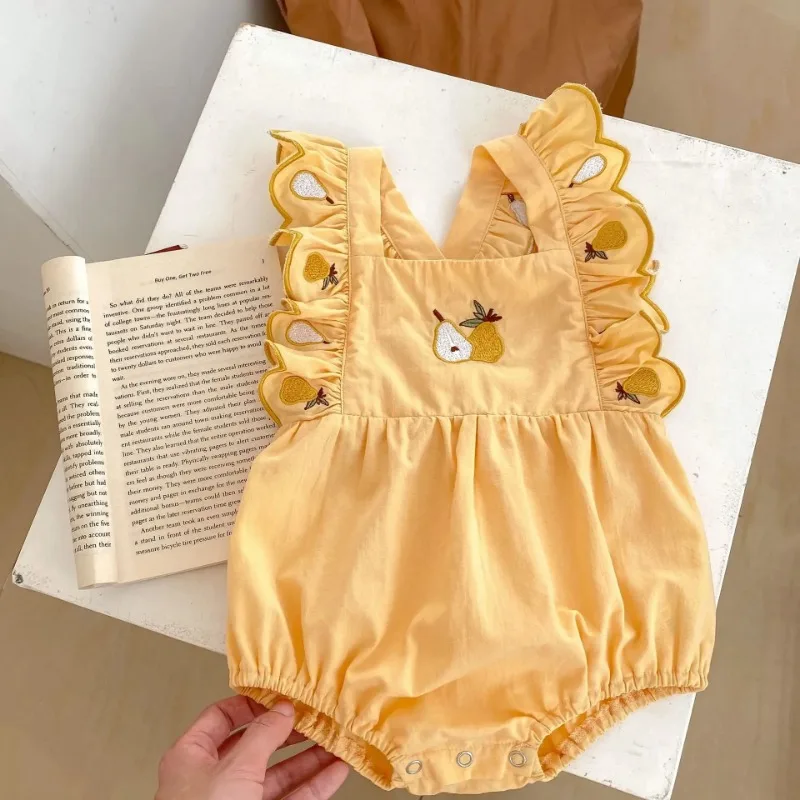 Newborn Photography Outfits Summer New Cute Pear Embroidered Strap Bag Fart Sleeveless Rompers Baby Photo Shooting Clothing