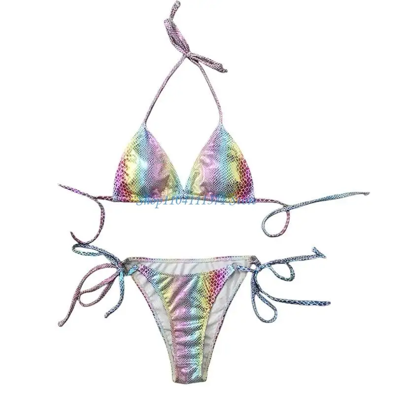 

P9FC Women Snake Skin Print Swimsuits Halters Bathing Suit 2 Pcs Split Swimwear