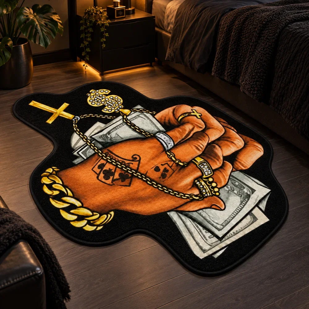 Rap Tattoo Hand Money Shaped Rug, Bold Street Art Floor Mat, Creative Irregular Decor for Bedroom, Living Room, Studio Game Room