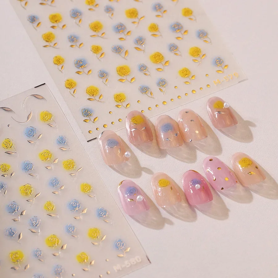 Yellow Blue Rose Gold Silver Leaf Relief Self Adhesive Nail Art Decorations Stickers Polarized Flowers Manicure Decals Wholesale