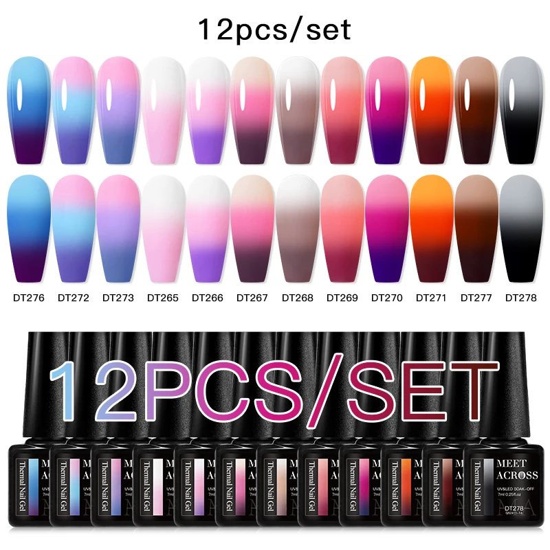 MEET ACROSS 12PCS/SET Thermal Gel Nail Polish Temperature Changing Nail Art Gel For Nails Color Gradient Varnish Kit Manicure