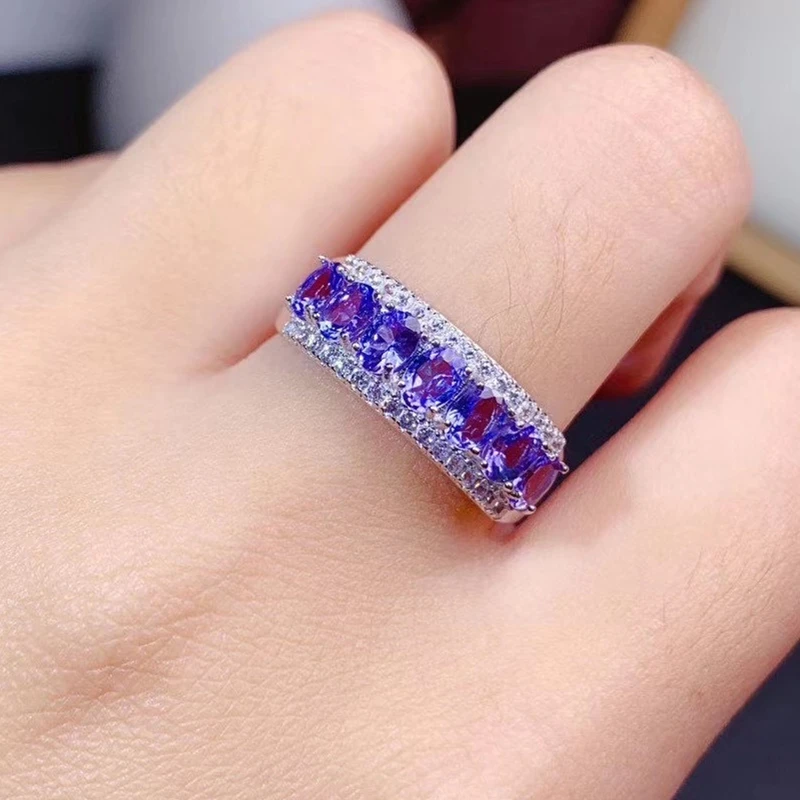 

Natural Tanzanite Ring S925 Sterling Silver Ladies White Gold Natural Gemstone Simple Row Ring Ladies Jewelry