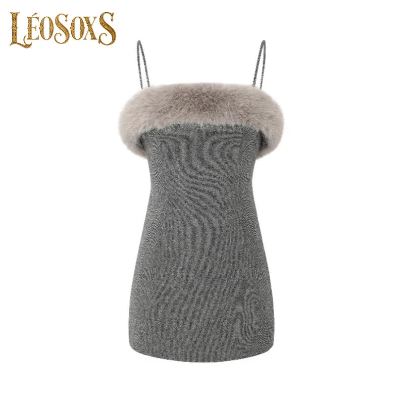 

LEOSOXS Women's Slim - Fit Strappy Mini Dress With Furry Edging Ideal For 2025 Birthday Celebrations And Weekend Parties