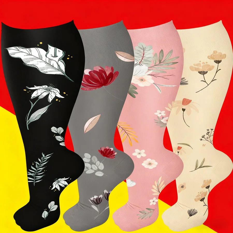 

4 пары компрессионных носков больших размеров с двойным цветочным узором для мужчин и женщин, широкие носки до середины икры для бега, йоги, танцев