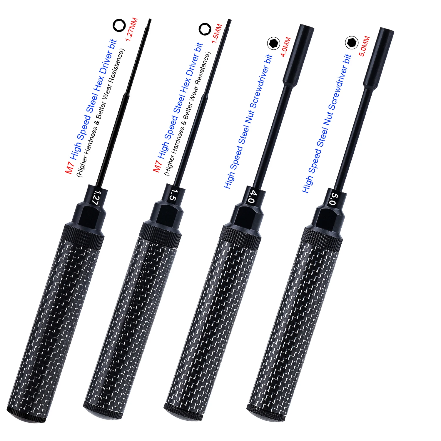 TCRC 4PCS Carbon Fiber Handle Tool with M7 High Speed Steel Screwdriver bit Set 1.27mm /1.5mm Hex Driver 4.0mm/5.0mm Nut Driver