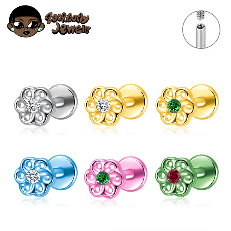 ASTM F136 Titanium with CZ Flower Lip Stud Piercing Threaded Insect Earring Helix Earlobe Labret Anodized Piercing Body Jewelry