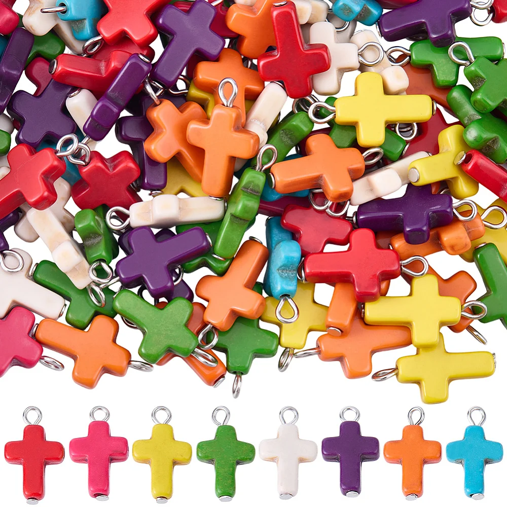 100Pcs Turquoise Cross Charms Color Crosses Charms Bulk Colorful Random Dyed Alloy Ring Stones Easter Crucifix Pendants