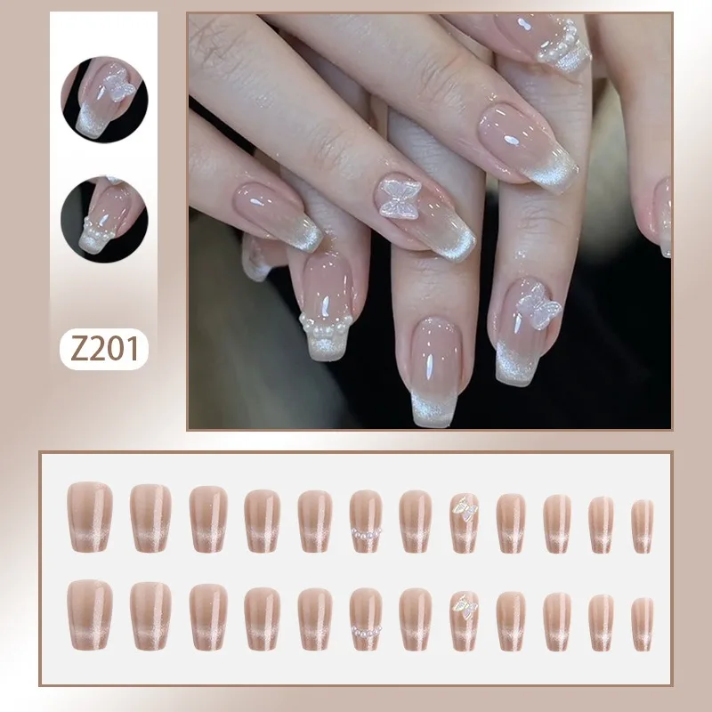 24pcs False Nails Summer Press on Nails for Girls with Glue Luxury Summer Cheap Long Coffin False Nails Removable Fashionable