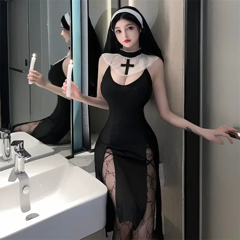 

Sexy Nun Cosplay Halloween Costume Kawaii Lace Lingerie Clothing Anime Goth RolePlay Outfit Woman Vintage High Slit Dress Suit