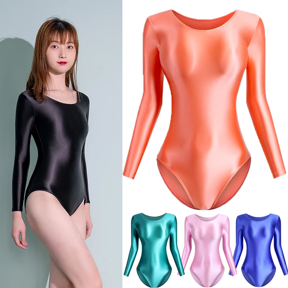 Women Shiny Sexy Round Neck One Piece Swimwear Long Sleeve Tight Glossy Swimsuits High-Waisted Leotards Solid Bathing Suit S-3XL