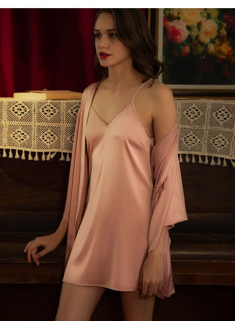 Sexy Silk Nightgown Robe Set Women's Nightdress Gown 2-Piece Set Spring Summer Satin Softest Robes 2025 New Lounge Bathrobe Slip