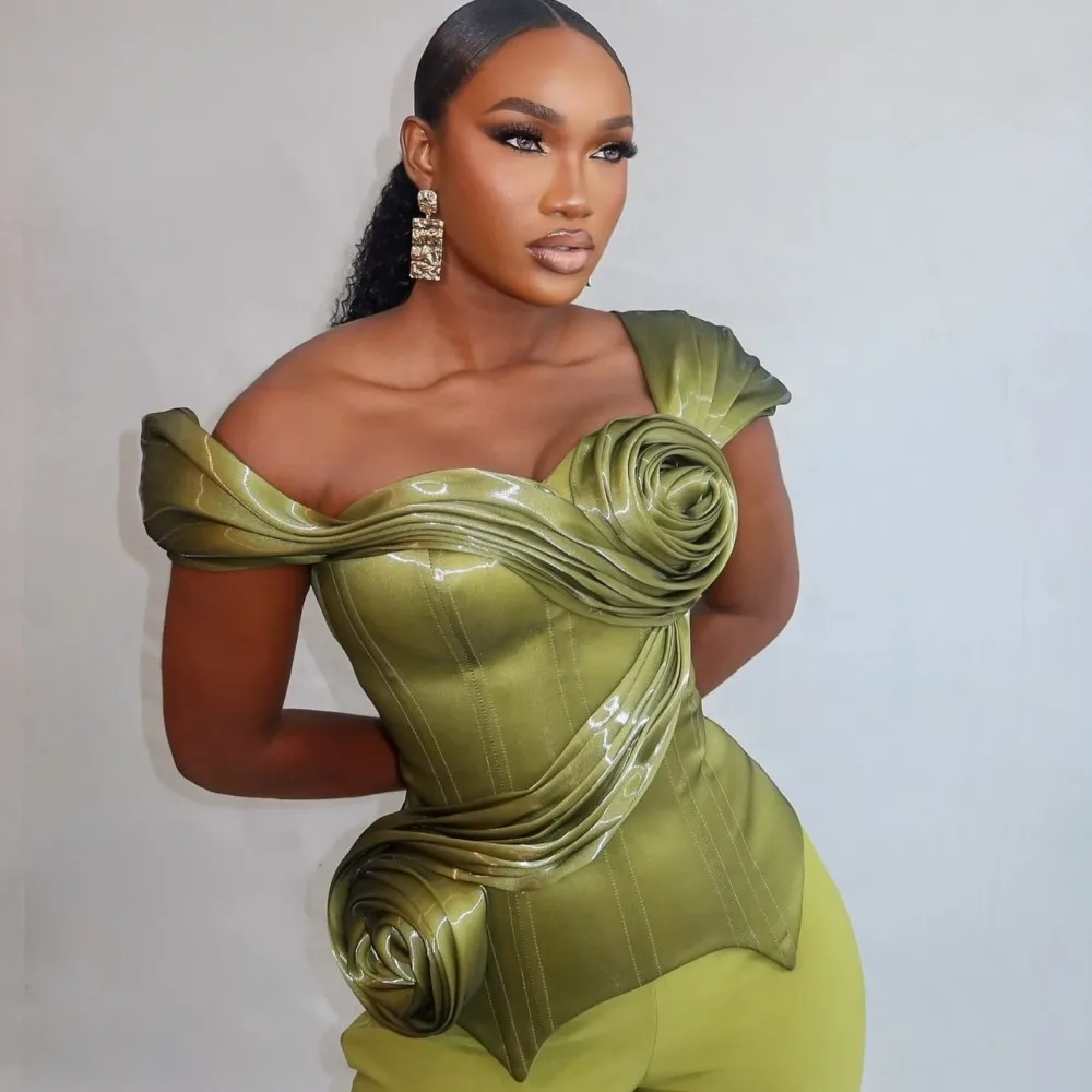 

Зеленые женские топы-футляры с цветами ручной работы с открытыми плечами, топ для дня рождения Aso Ebi, женские вечерние топы без брюк