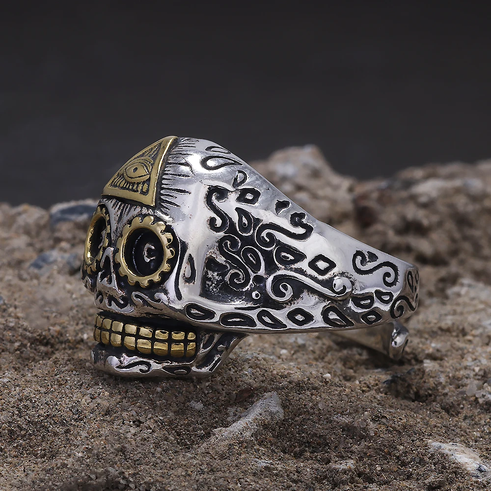 S925 Sterling Silver Punk Retro All-Seeing Eye Skull Ring for Women Eye of Providence Men‘s Pinky Ring Cool Biker Jewelry