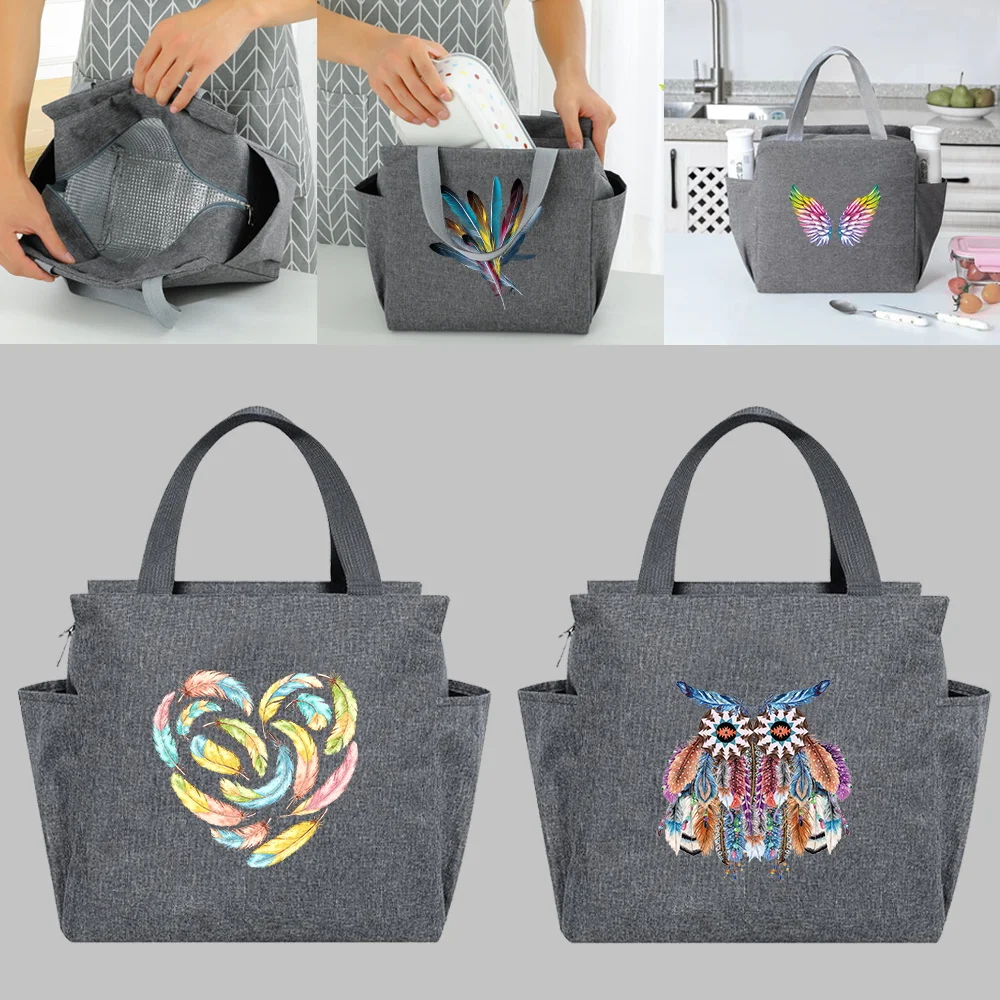 Multifunction Large Capacity Cooler Bag Waterproof Portable Zipper Thermal Lunch Bags Women Feather Dinner Box Picnic Food Packs