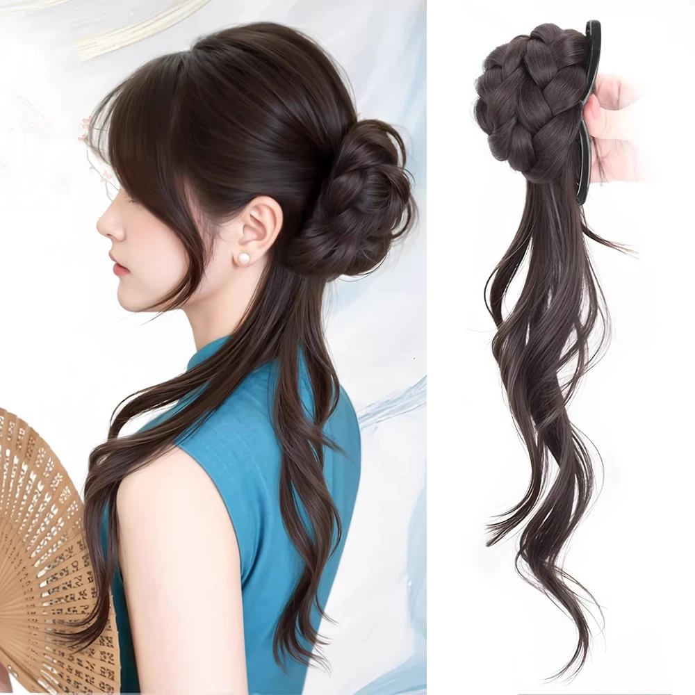 New Chinese Style Claw Clip Bun Synthetic Hairpiece Heat Resistant Retro Chignon Hair Accessories for Women Wedding Daily Decor