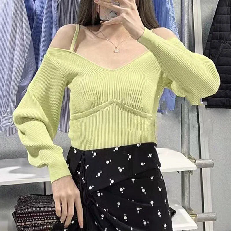 Elegant Lady Solid Knitted Camis Casual Backless Long Sleeve Tanks Tees Spring 2023 Sexy Off Shoulder Elastic Knits for Women