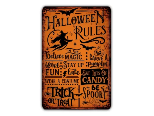 Halloween Rules Sign Pumpkin Magic Spooky Candy Trick Treat Costume Vintage Retr