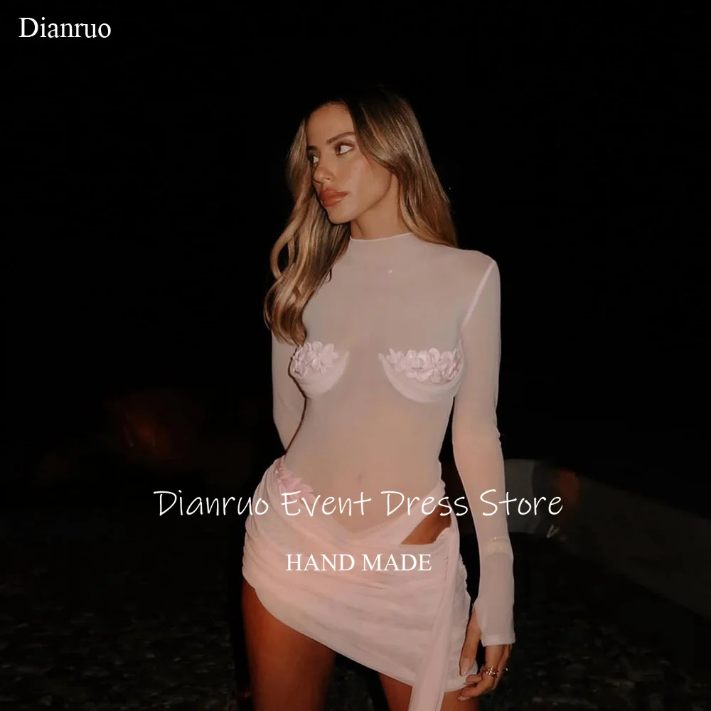 

Dianruo Pink Cut Out Prom Dress Mini Illusion Flowers Evening Gowns Ruched Asymmetric Long Sleeves Celebrity Dresses Customized