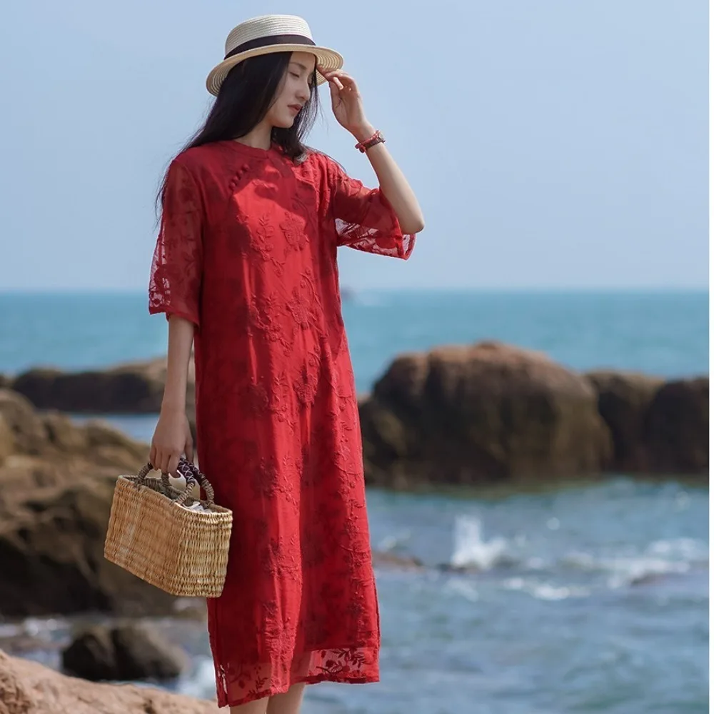 

Temperament Floral Vintage Robe Dresses Plate Buckle Red Chinese Style Dresses Thin Solid Color Jacquard Cheongsam Women Female