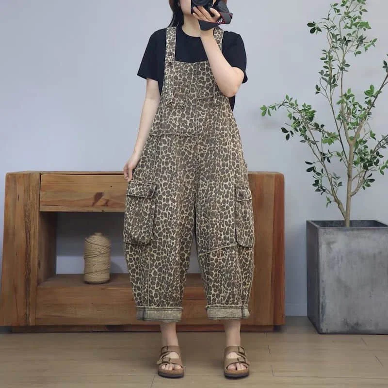 จั๊มสูทเดนิมสำหรับผู้หญิง สไตล์เกาหลี ชุดรอมเปอร์ลำลอง วินเทจ ชุดเพลย์สูท กางเกงขายาวทรงตรง สีตัดกัน ลายเสือดาว เสื้อผ้าผู้หญิง