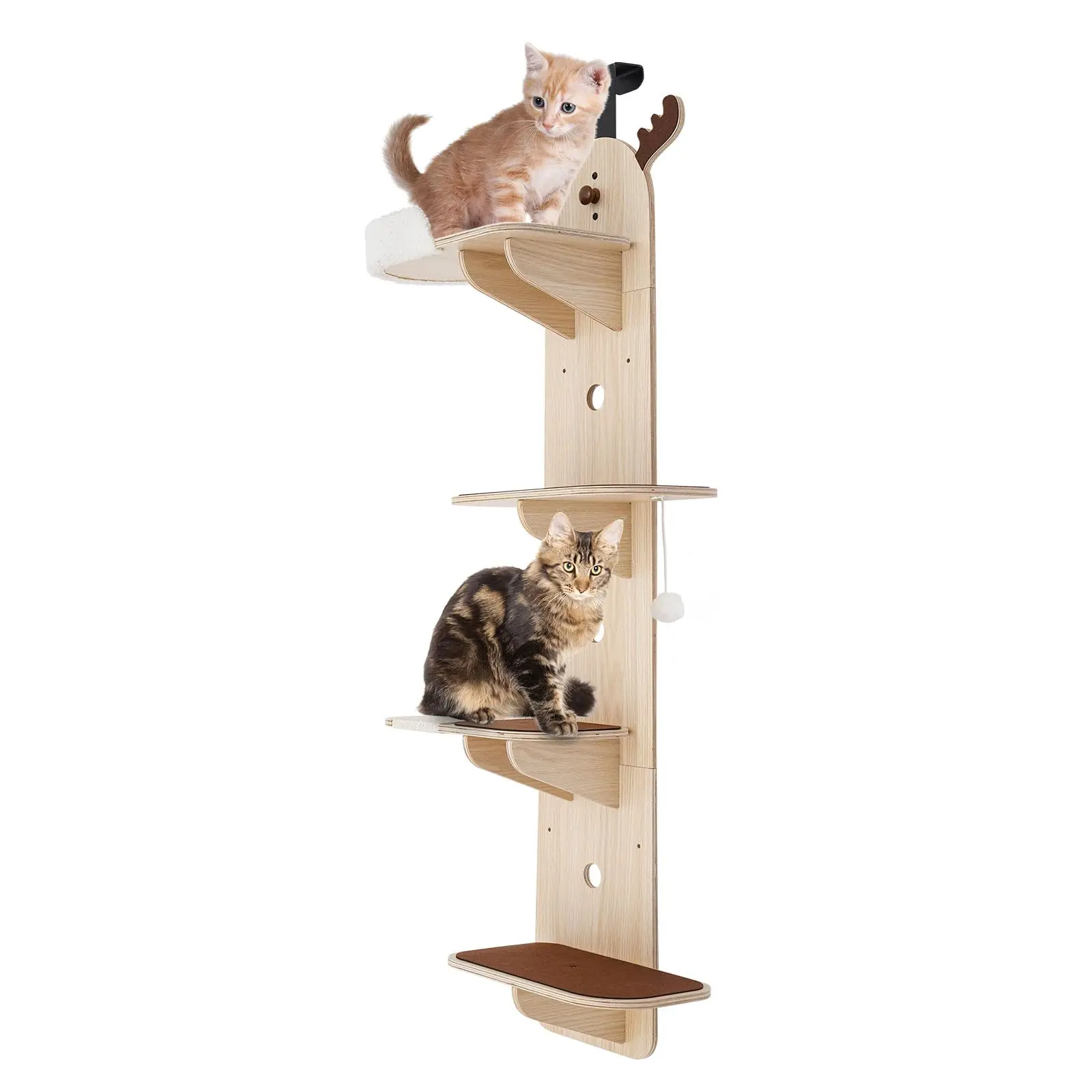 Light Wood Door Hanging Cat Tree, 4 Tier Door Mounted Cat Climbing Frame w/Scratching Board, Space Saving Vertical Cat