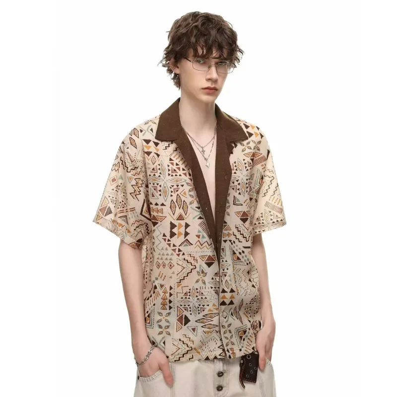 WVGA 2026 Summer New Men American Style Cuban Collar Patchwork Color-block Short Sleeved Shirt Niche Chic Casual Tops Ins W24323