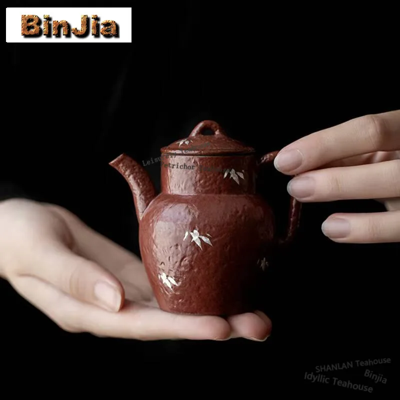 

120ml Handmade Rough Pottery Teapot Boutique Hand-painted Gilt Silve Bamboo Pot Tea Making Filter Kettle Tea Crafts Tea Ceremony