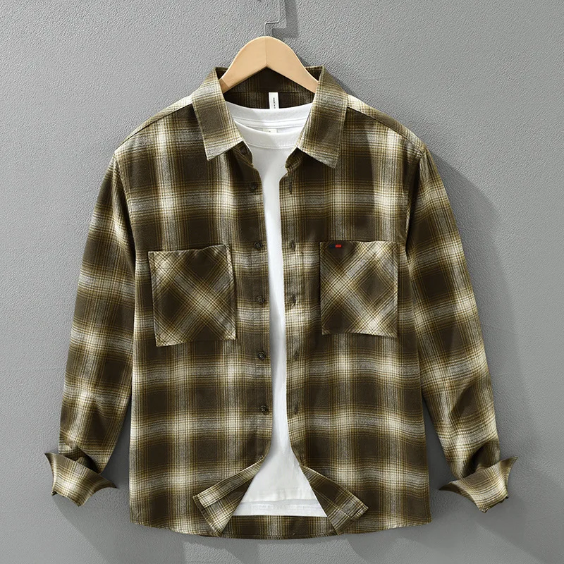

Новая мужская клетчатая рубашка в стиле Харадзюку, осень-зима, повседневные повседневные рубашки, рубашка на пуговицах из 100% хлопка, мужские рубашки с двойными карманами и длинными рукавами
