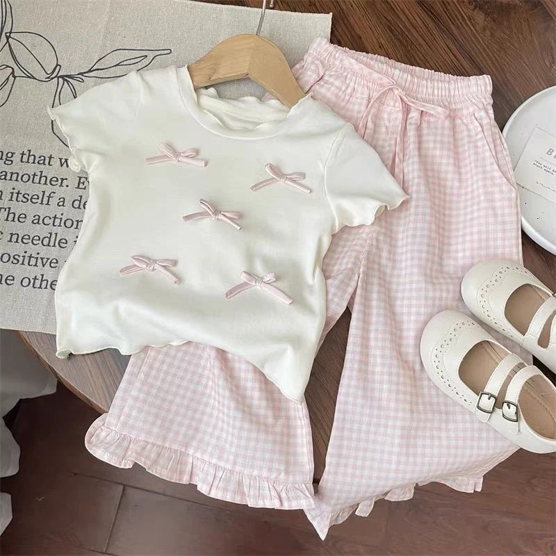 Baby Girls Korean Fashion Summer Pajamas Sleepwear Short Sleeve T-Shirt Tops Comfortable Plaid Lace Wide Leg Sleeping Pants